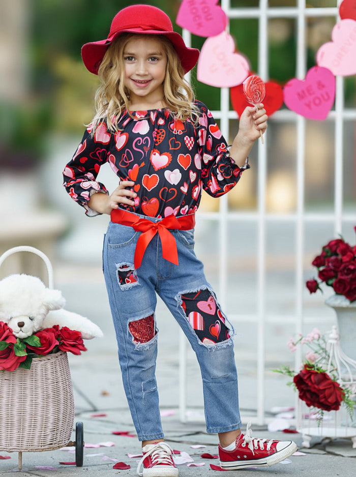 Toddler Valentine's Day Outfit | Girls Heart Print Patched Denim Set