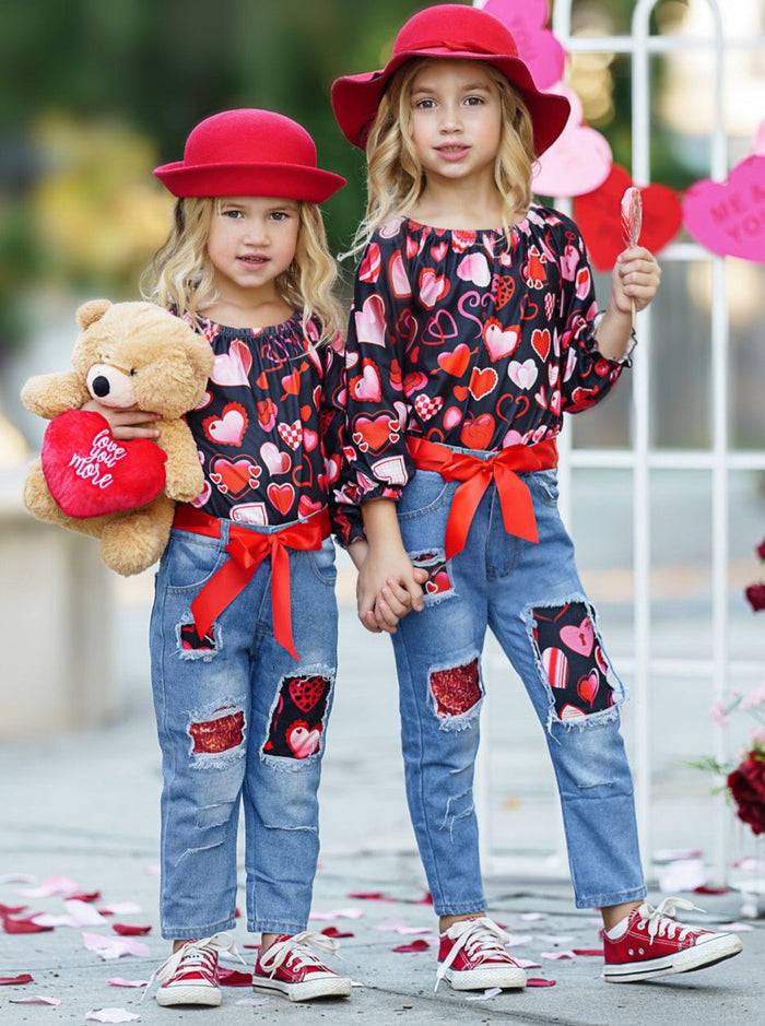 Toddler Valentine's Day Outfit | Girls Heart Print Patched Denim Set