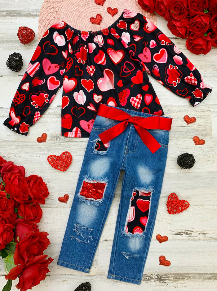 Toddler Valentine's Day Outfit | Girls Heart Print Patched Denim Set