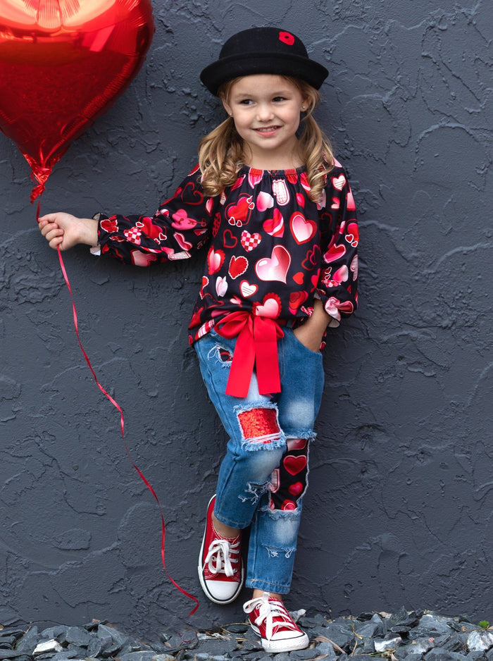 Toddler Valentine's Day Outfit | Girls Heart Print Patched Denim Set