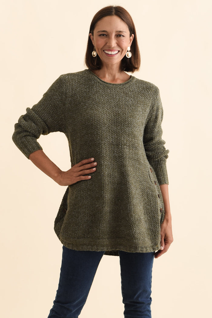 Lucas Khaki Knit Button Jumper,Brunette model,alt text|model:Cara