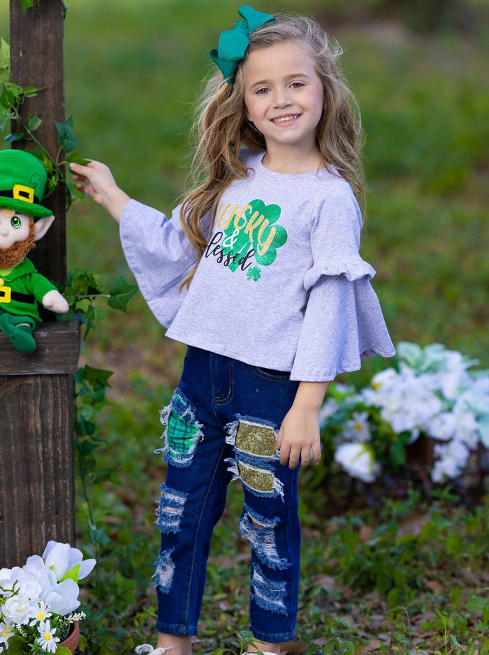 St. Patrick's Day Clothes | Lucky & Blessed Top & Patched Jeans Set