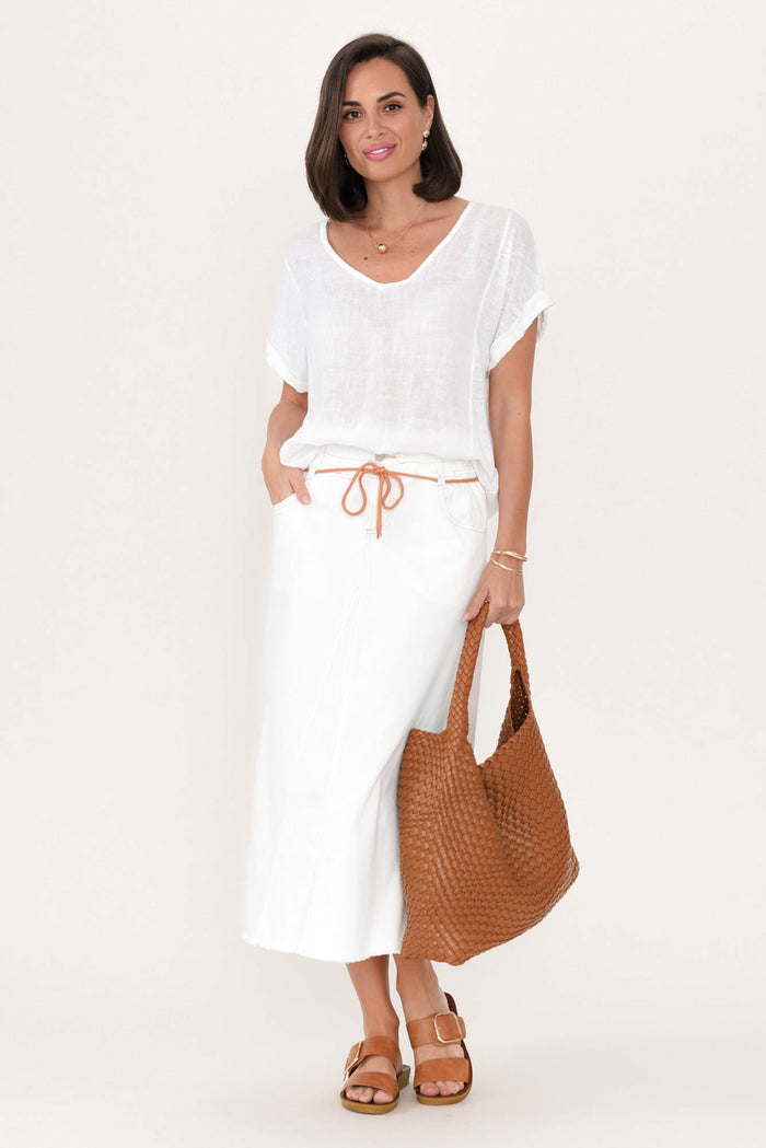 Lusia Ivory Denim Tie Skirt,Brunette model,alt text|model:MJ