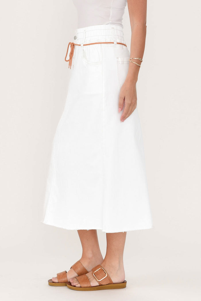 Lusia Ivory Denim Tie Skirt,Brunette model,alt text|model:MJ