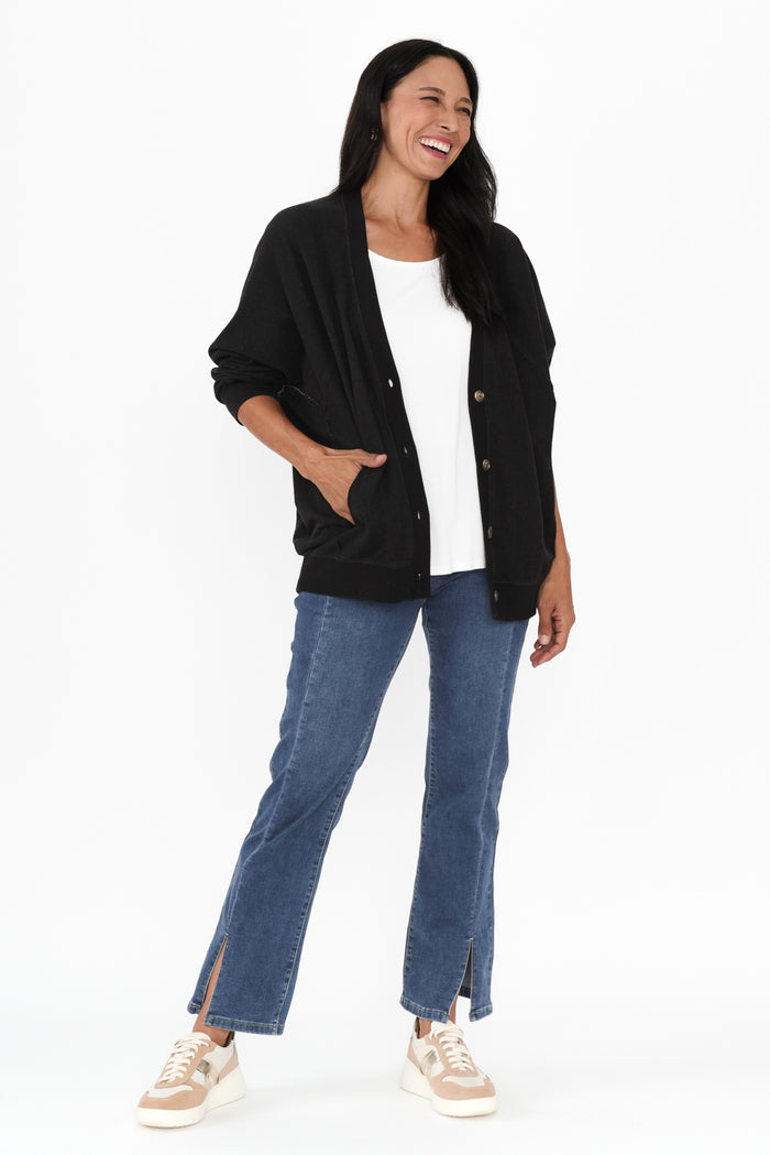Lydia Black Cotton Cardigan,Brunette model,alt text|model:Cara