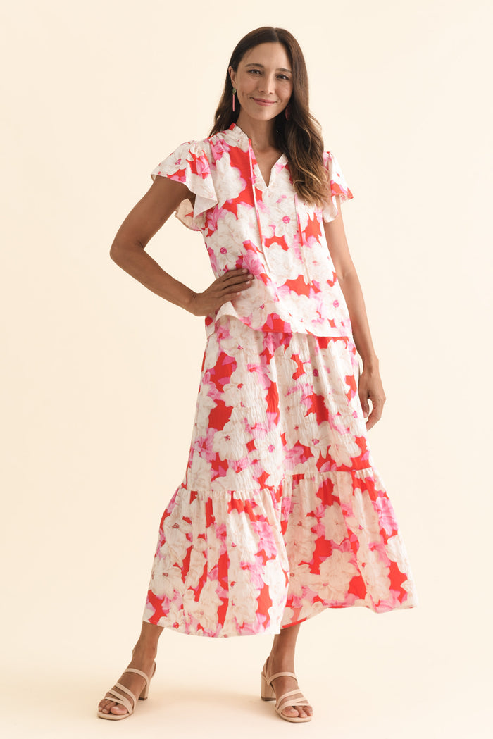 Lyra Red Floral Tie Top,Brunette model,alt text|model:Cara