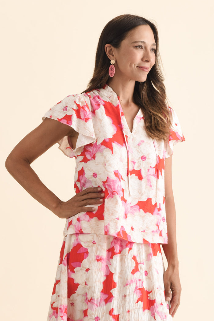 Lyra Red Floral Tie Top,Brunette model,alt text|model:Cara