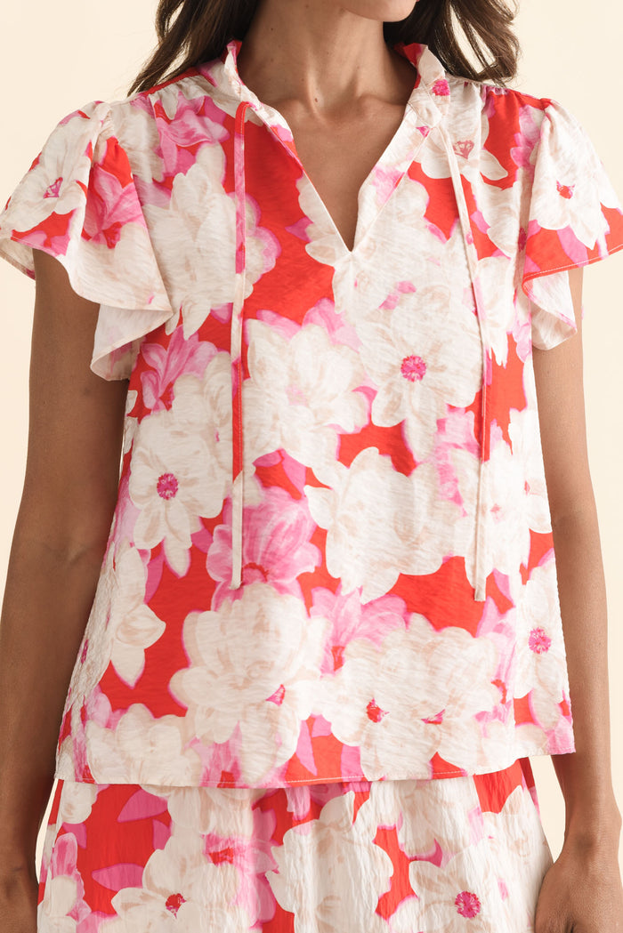 Lyra Red Floral Tie Top,Brunette model,alt text|model:Cara