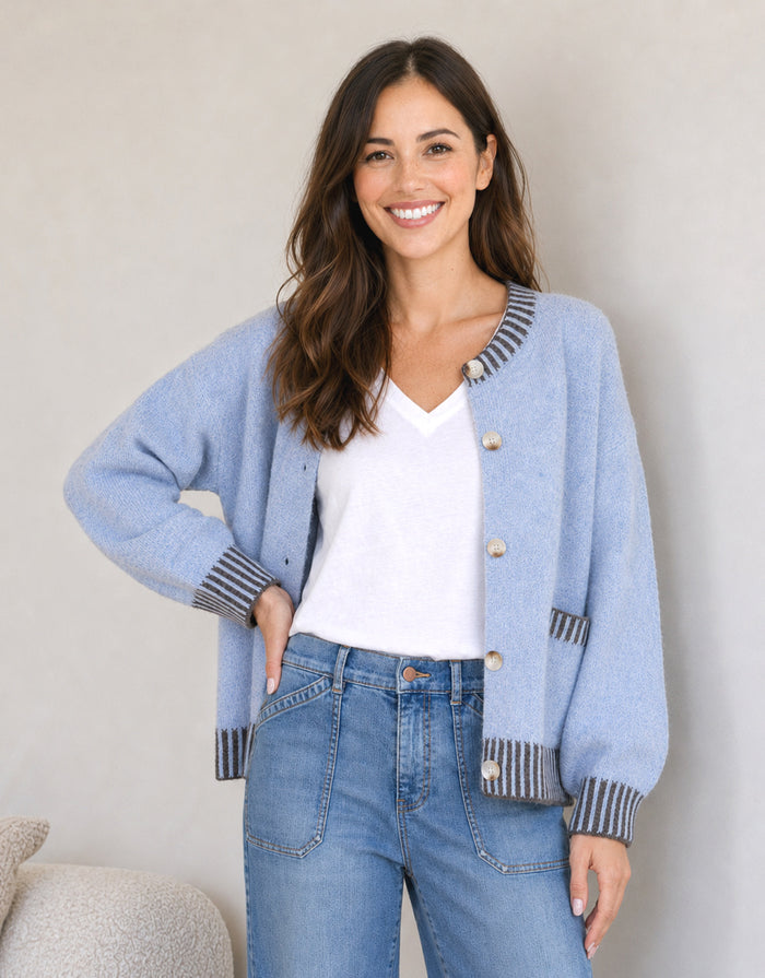 Macie Wool Blend Cardi - Blue/Choc