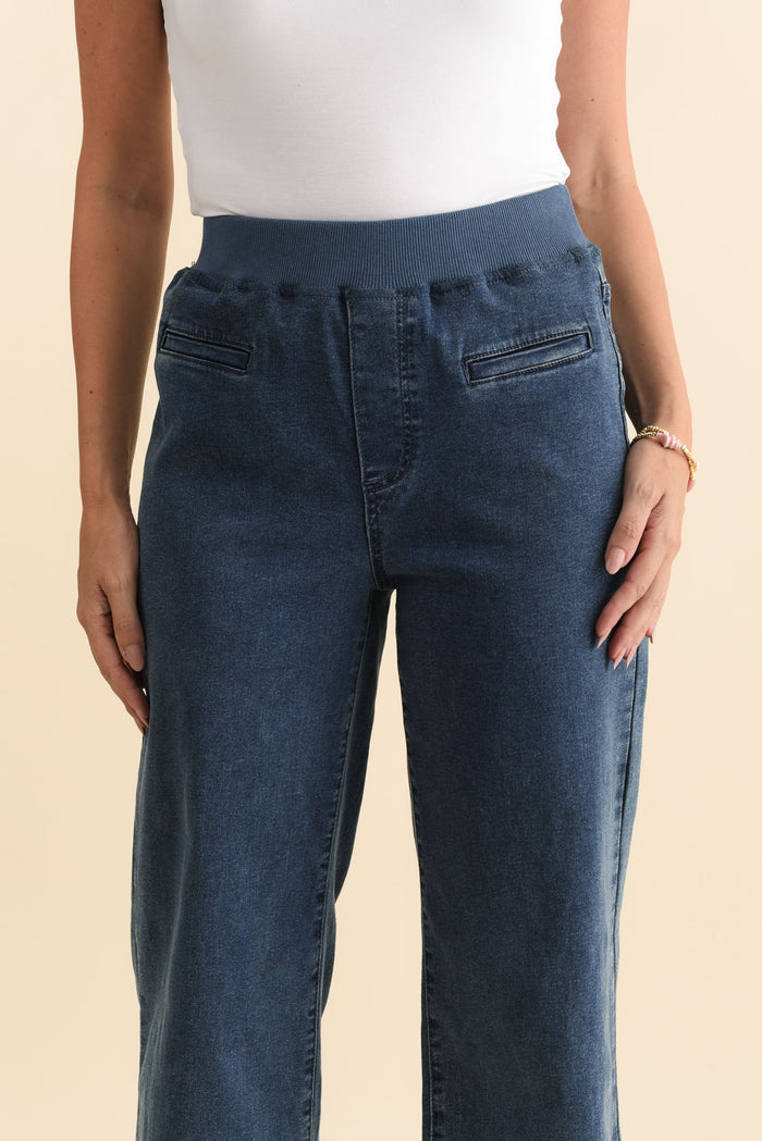 Maddy Blue Straight Leg Jeans,Brunette model,alt text|model:MJ