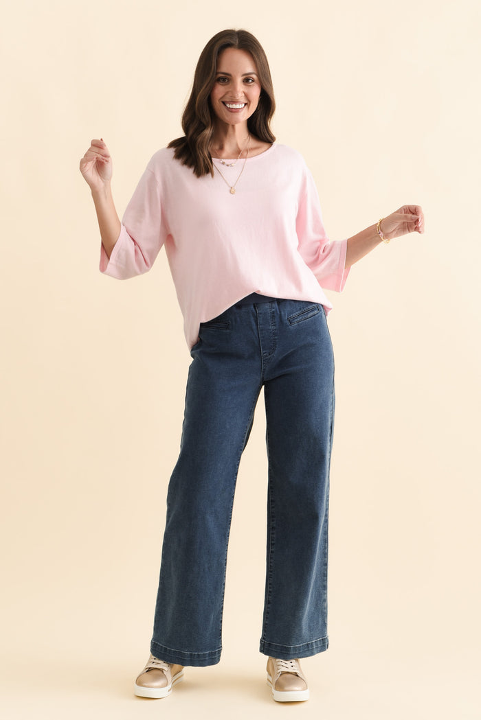 Maddy Blue Straight Leg Jeans,Brunette model,alt text|model:MJ