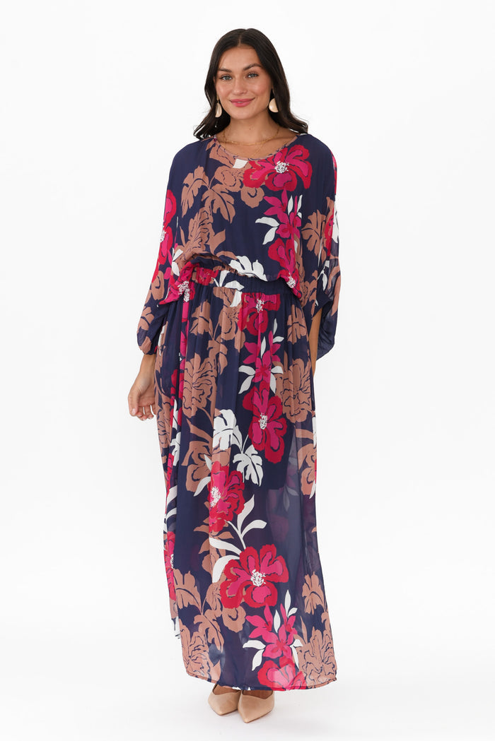 Magnetic Navy Floral Long Sleeve Dress,Brunette model,alt text|model:Brontie