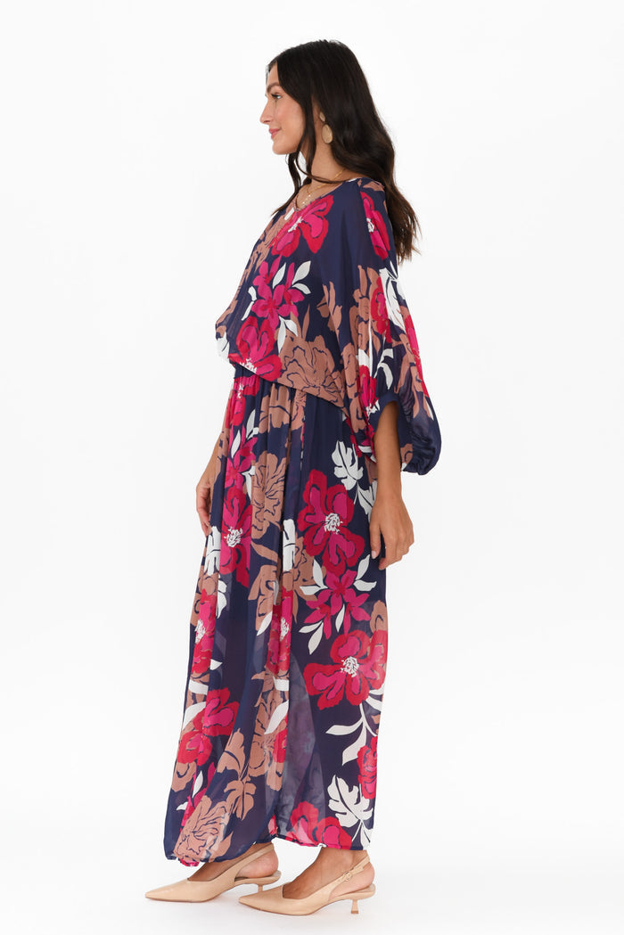 Magnetic Navy Floral Long Sleeve Dress,Brunette model,alt text|model:Brontie
