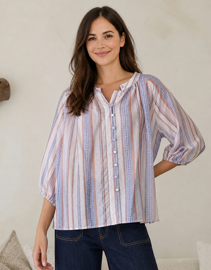 Malta Blouse - Blue/Blush Stripe