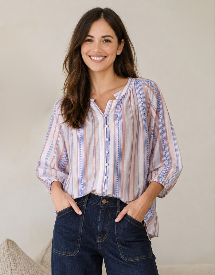 Malta Blouse - Blue/Blush Stripe