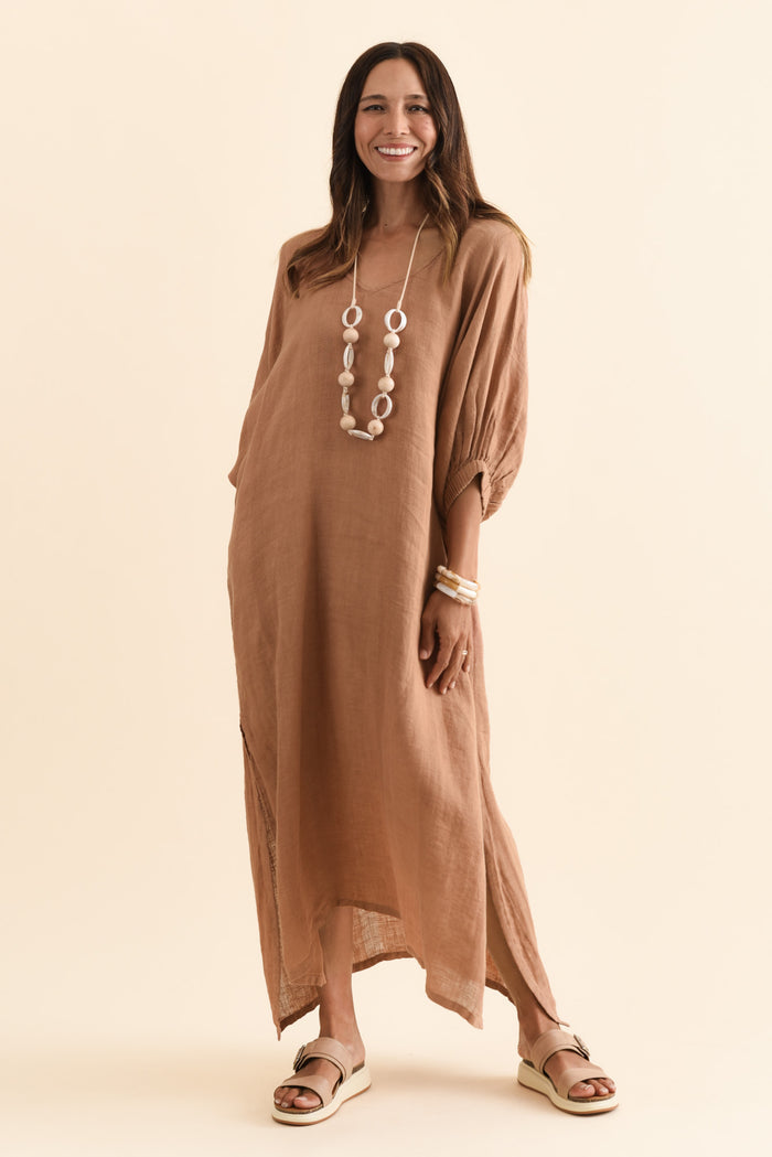 Marcel Mocha Linen Dress,Brunette model,alt text|model:Cara