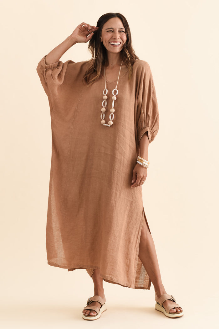 Marcel Mocha Linen Dress,Brunette model,alt text|model:Cara