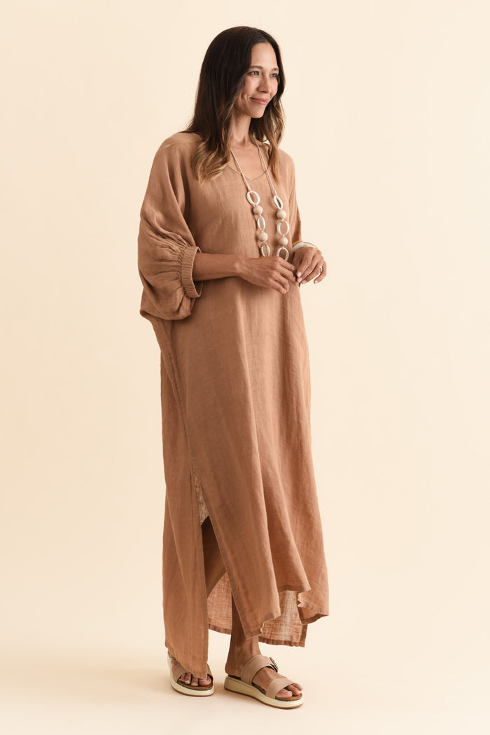 Marcel Mocha Linen Dress,Brunette model,alt text|model:Cara