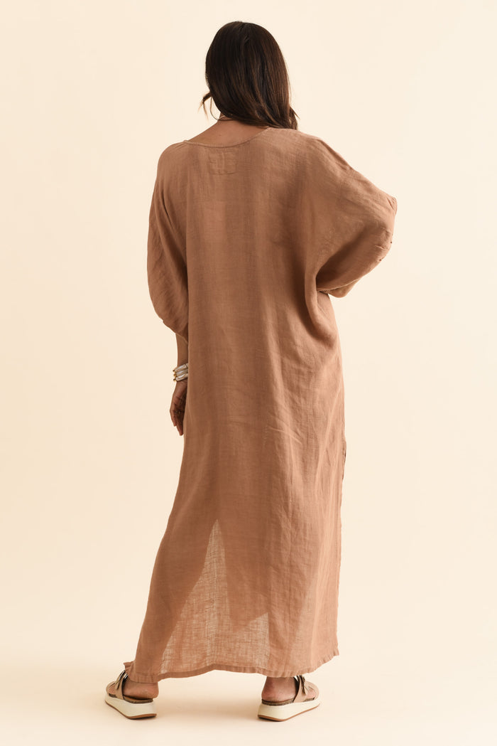 Marcel Mocha Linen Dress,Brunette model,alt text|model:Cara