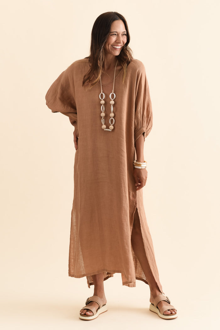 Marcel Mocha Linen Dress,Brunette model,alt text|model:Cara