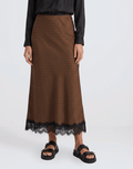 Margarita Satin Lace Trim Bias Maxi Skirt - Chocolate Polka Dot