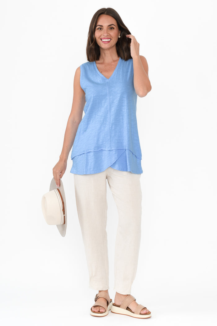 Mariah Blue Cotton Tank,Brunette model,alt text|model:MJ