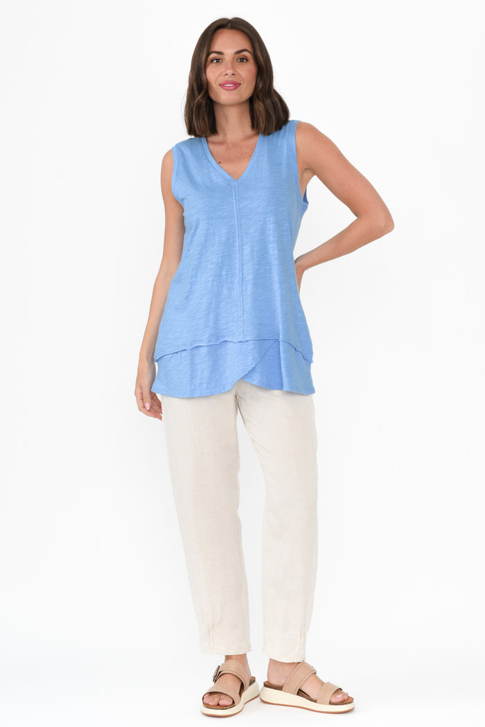 Mariah Blue Cotton Tank,Brunette model,alt text|model:MJ