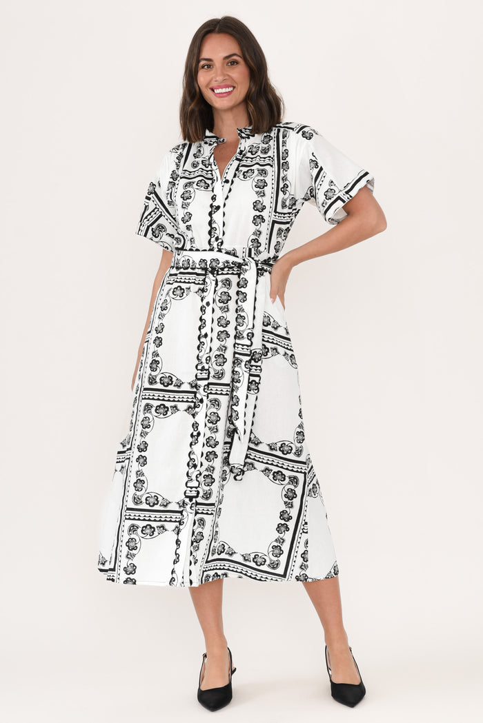 Marilyn White Tile Cotton Tie Dress,Brunette model,alt text|model:MJ