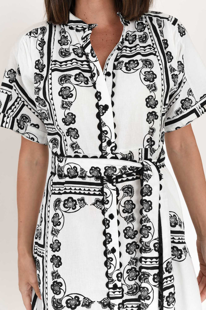 Marilyn White Tile Cotton Tie Dress,Brunette model,alt text|model:MJ