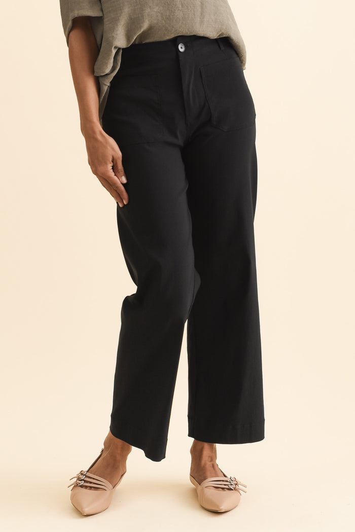 Marine Black Straight Leg Pants,Brunette model,alt text|model:Cara