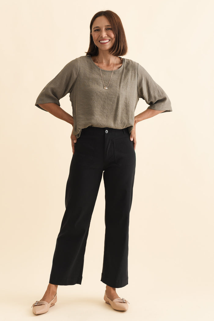 Marine Black Straight Leg Pants,Brunette model,alt text|model:Cara