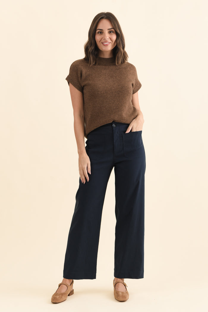 Marine Navy Straight Leg Pants,Brunette model,alt text|model:MJ