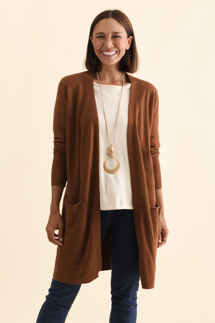Mary Chocolate Pocket Cardigan,Brunette model,alt text|model:Cara