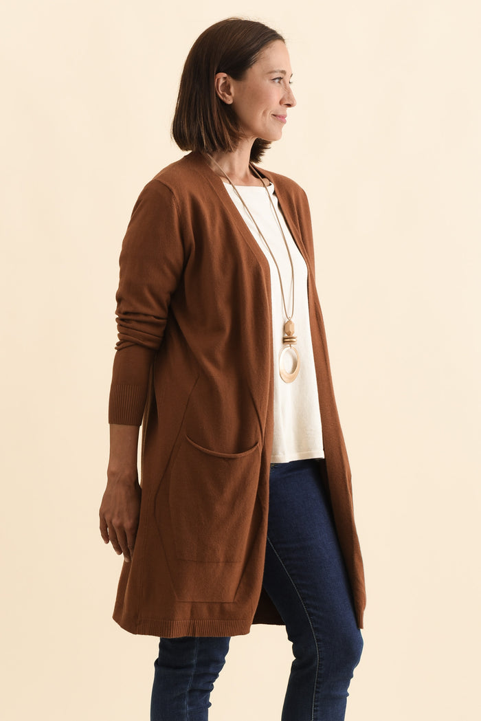 Mary Chocolate Pocket Cardigan,Brunette model,alt text|model:Cara