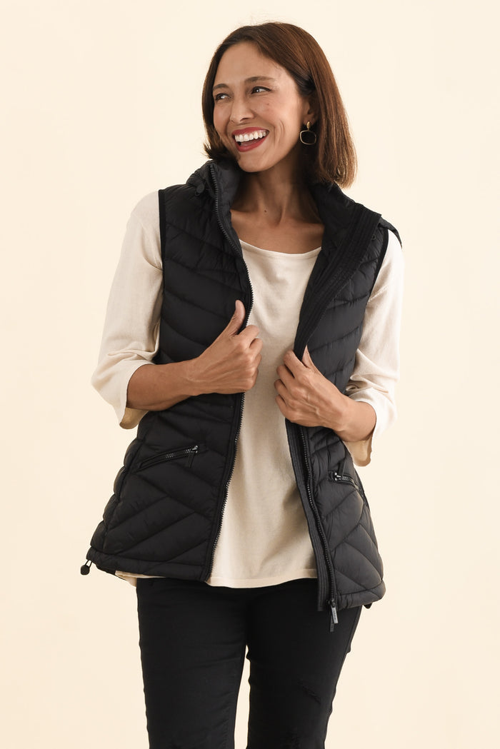 Maryclaire Black Down Puffer Vest,Brunette model,alt text|model:Cara