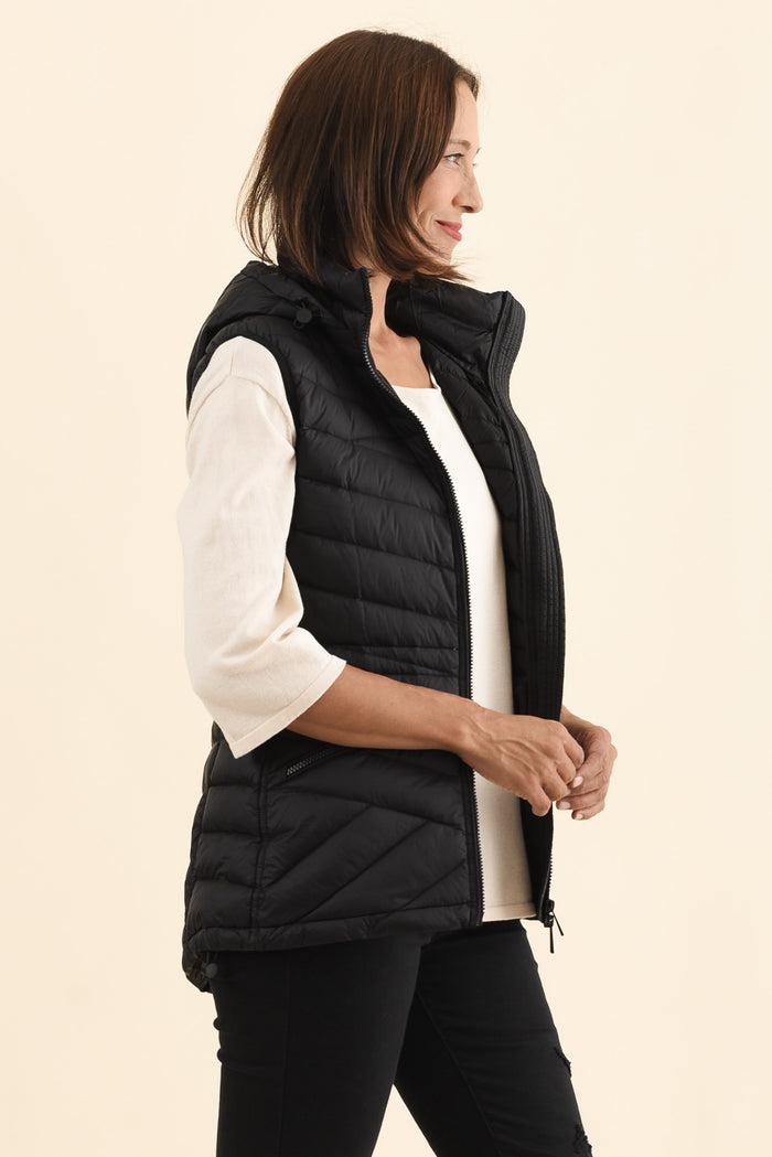 Maryclaire Black Down Puffer Vest,Brunette model,alt text|model:Cara