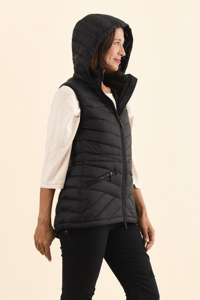 Maryclaire Black Down Puffer Vest,Brunette model,alt text|model:Cara