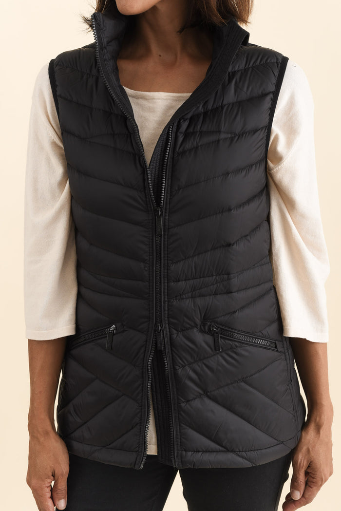 Maryclaire Black Down Puffer Vest,Brunette model,alt text|model:Cara
