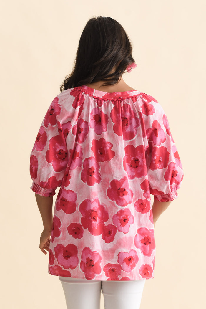 Maurice Pink Floral Cotton Top,Brunette model,alt text|model:Brontie