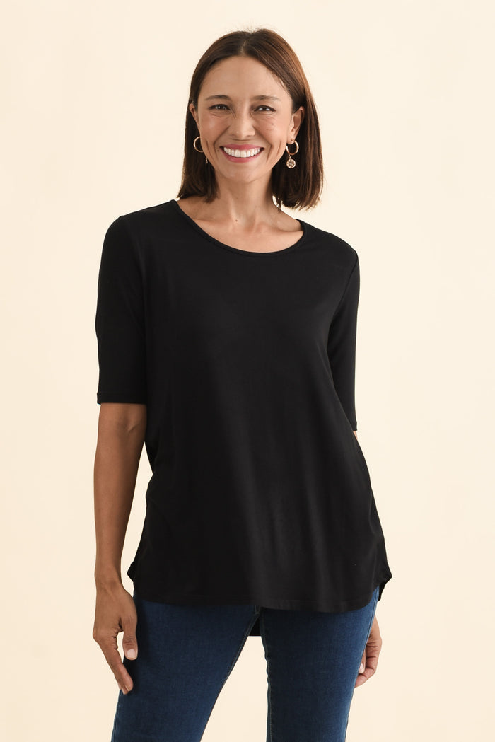 Maya Black Half Sleeve Tee,Brunette model,alt text|model:Cara