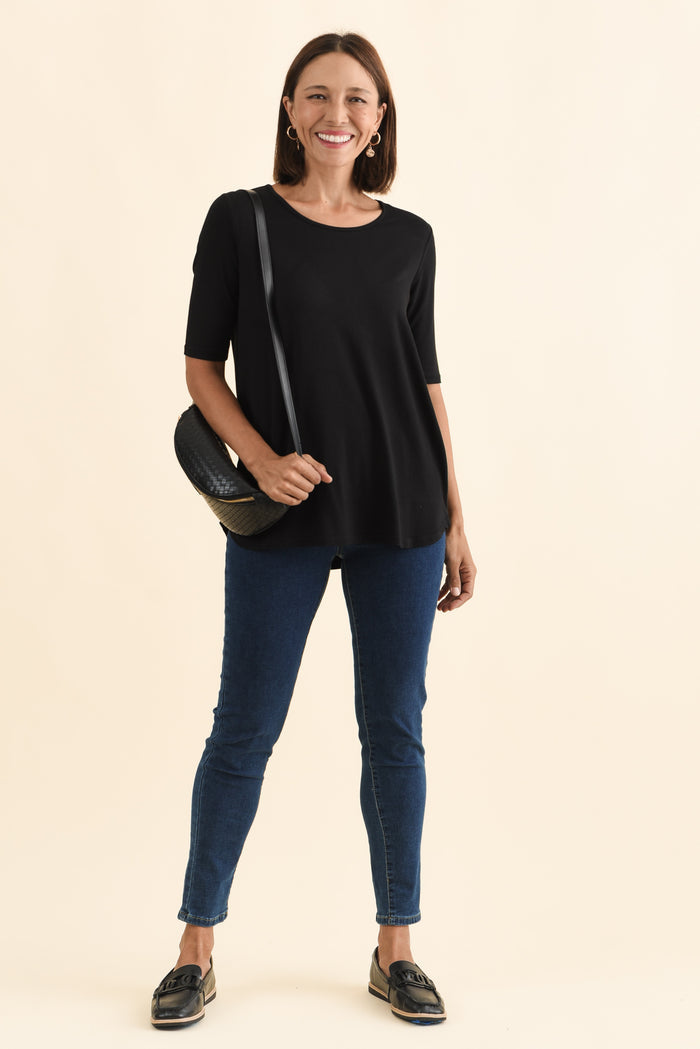 Maya Black Half Sleeve Tee,Brunette model,alt text|model:Cara