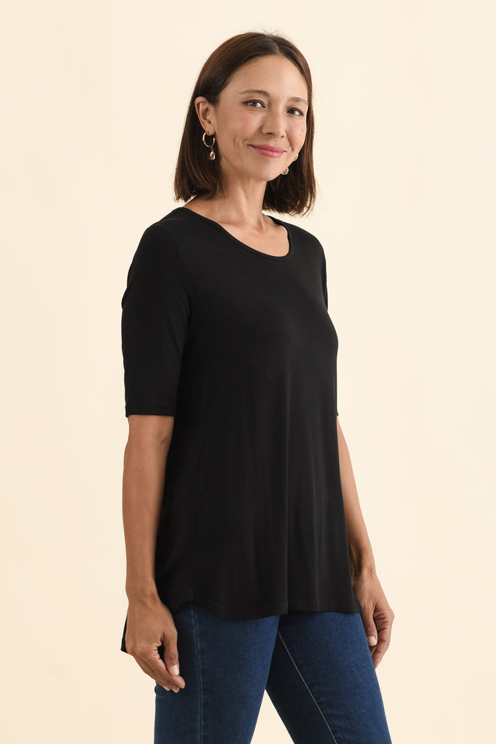 Maya Black Half Sleeve Tee,Brunette model,alt text|model:Cara