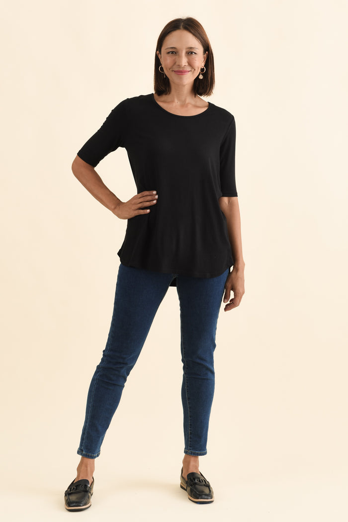 Maya Black Half Sleeve Tee,Brunette model,alt text|model:Cara