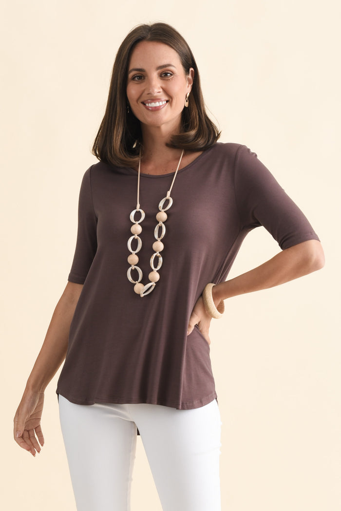 Maya Brown Half Sleeve Tee,Brunette model,alt text|model:MJ