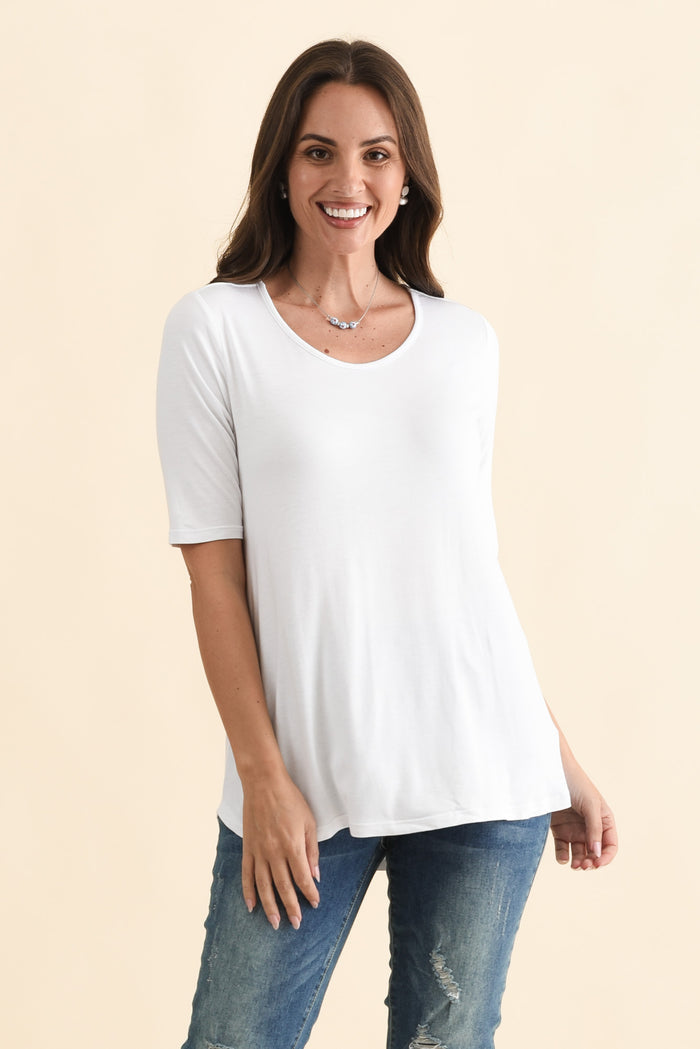 Maya White Half Sleeve Tee,Brunette model,alt text|model:MJ