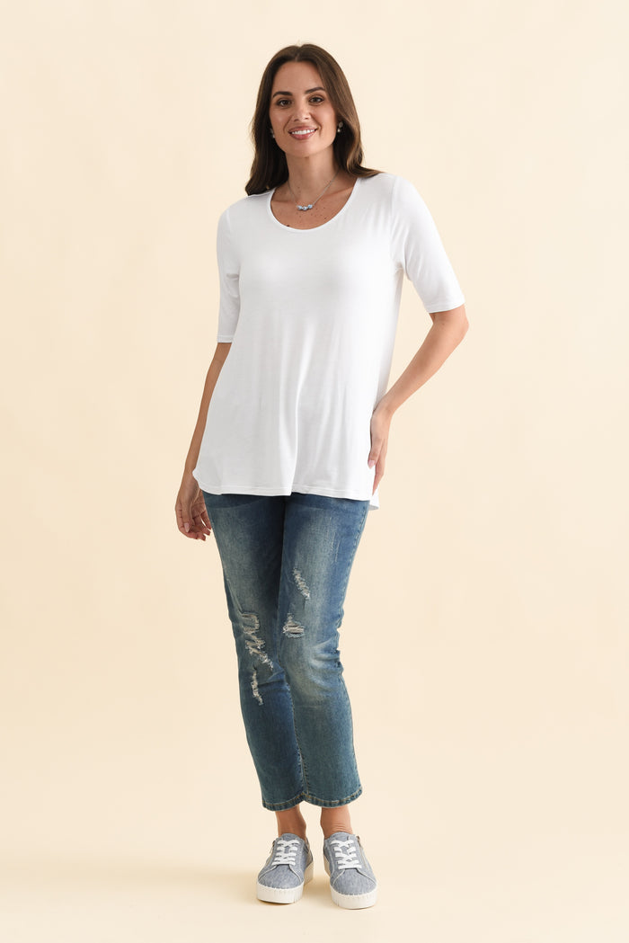 Maya White Half Sleeve Tee,Brunette model,alt text|model:MJ