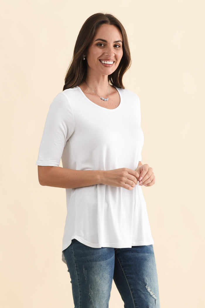 Maya White Half Sleeve Tee,Brunette model,alt text|model:MJ