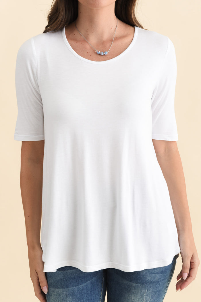 Maya White Half Sleeve Tee,Brunette model,alt text|model:MJ