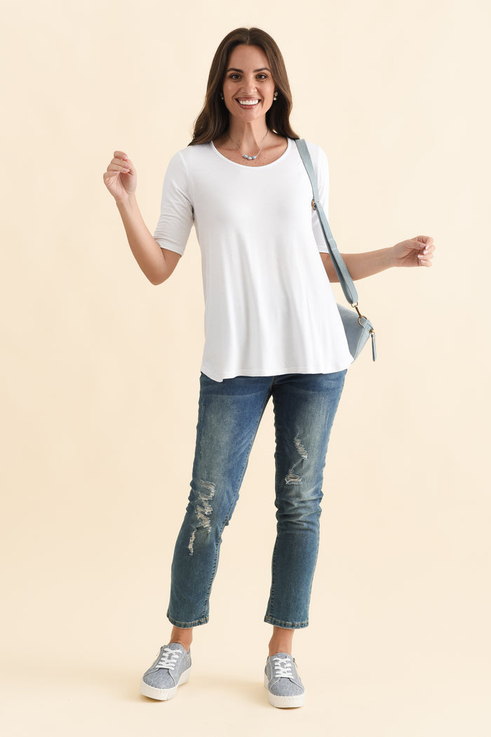 Maya White Half Sleeve Tee,Brunette model,alt text|model:MJ