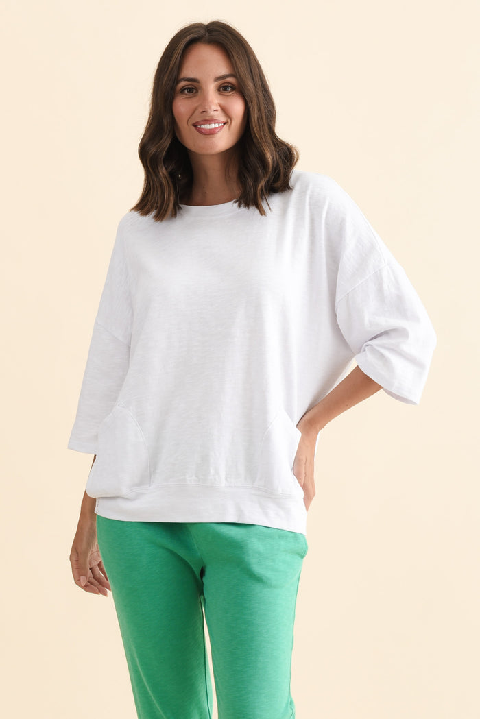 Mazie White Cotton Sweat,Brunette model,alt text|model:MJ